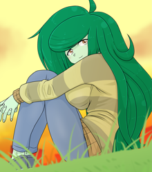 Size: 1585x1799 | Tagged: safe, artist:batipin, wallflower blush, human, equestria girls, g4, breasts, busty wallflower blush, clothes, cute, female, flowerbetes, freckles, grass, grass field, looking at you, outdoors, pants, shoes, sitting, sky, smiling, smiling at you, solo, sunset, sweater, sweater puppies