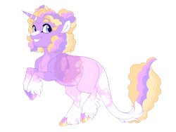 Size: 3600x2700 | Tagged: safe, artist:gigason, oc, oc only, oc:meringue cookie, pony, unicorn, body markings, cloven hooves, colored hooves, female, gradient hooves, grin, hair bun, high res, hoof polish, horn, leonine tail, magical lesbian spawn, mare, obtrusive watermark, offspring, parent:oc:sunshine lila, parent:sugar belle, parents:canon x oc, purple eyes, rearing, simple background, smiling, solo, striped horn, tail, tail fluff, transparent background, unshorn fetlocks, watermark