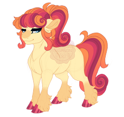 Size: 2864x2700 | Tagged: safe, artist:gigason, oc, oc only, oc:tangerine, earth pony, pony, blue eyes, colored hooves, ear fluff, earth pony oc, female, gradient legs, high res, hoof polish, lidded eyes, magical lesbian spawn, mare, obtrusive watermark, offspring, parent:aunt orange, parent:jewel joy, ponytail, simple background, smiling, solo, transparent background, unshorn fetlocks, watermark
