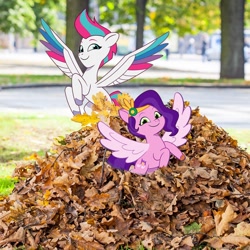 Size: 1080x1080 | Tagged: safe, pipp petals, zipp storm, pegasus, pony, g5, my little pony: tell your tale, official, adorapipp, adorazipp, autumn, cute, duo, duo female, female, flying, irl, leaf, leaf pile, looking at you, mare, photo, ponies in real life, royal sisters (g5), siblings, sisters, smiling, smiling at you, spread wings, wings