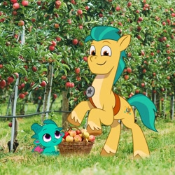 Size: 1080x1080 | Tagged: safe, hitch trailblazer, sparky sparkeroni, dragon, earth pony, pony, g5, my little pony: tell your tale, official, apple, apple tree, autumn, baby, baby dragon, bucket, cute, duo, duo male, father and child, father and son, food, hitchbetes, irl, looking at you, male, papa hitch, photo, ponies in real life, rearing, smiling, smiling at you, sparkybetes, stallion, tree