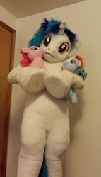 Size: 730x1280 | Tagged: dead source, safe, artist:atalonthedeer, dj pon-3, pinkie pie, rainbow dash, vinyl scratch, earth pony, human, pegasus, pony, unicorn, anthro, g4, 2014, anthro with ponies, fursuit, holding a pony, hug, hugging a pony, irl, irl human, looking at you, looking down, looking down at you, photo, ponysuit, raised hoof, solo