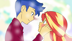 Size: 3768x2120 | Tagged: safe, artist:qsky, flash sentry, sunset shimmer, equestria girls, g4, blushing, duo, female, high res, looking at each other, looking at someone, male, ship:flashimmer, shipping, straight