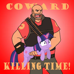 Size: 2000x2000 | Tagged: safe, artist:jinglesrasco, twilight sparkle, human, pony, unicorn, g4, crossover, duo, female, glowing, glowing horn, heavy weapons guy, high res, holding a pony, horn, human and pony, male, mare, tail, tail pull, team fortress 2, text, twigun, unicorn twilight