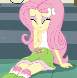 Size: 1712x1726 | Tagged: safe, screencap, fluttershy, human, equestria girls, equestria girls specials, g4, my little pony equestria girls: dance magic, boots, clothes, cropped, cute, eyes closed, female, giggling, hairpin, happy, shoes, shyabetes, skirt, smiling, socks, tank top, teenager