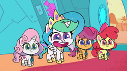 Size: 1280x720 | Tagged: safe, screencap, apple bloom, princess celestia, scootaloo, sweetie belle, alicorn, earth pony, pegasus, pony, unicorn, dol-fin-ale, g4, g4.5, my little pony: pony life, cutie mark crusaders, female, filly, foal, mare, open mouth