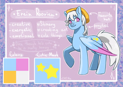 Size: 1529x1080 | Tagged: safe, artist:erein, oc, oc only, oc:erein rorien, pegasus, pony, beret, clothes, cute, cutie mark, ears, folded wings, hat, male, pegasus oc, reference sheet, simple background, smiling, solo, stallion, text, wings