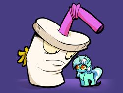 Size: 4136x3136 | Tagged: safe, artist:witchtaunter, lyra heartstrings, pony, unicorn, g4, adult swim, aqua teen hunger force, big eyes, chest fluff, chibi, crossover, cute, drink, duo, ear fluff, faic, female, l.u.l.s., looking at each other, looking at someone, male, mare, master shake, milkshake, purple background, simple background