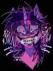 Size: 1317x1747 | Tagged: safe, artist:l4zy_4le, twilight sparkle, pony, unicorn, g4, lesson zero, bust, creepy, creepy smile, dark background, female, foaming at the mouth, looking at you, mare, messy mane, portrait, redraw, scary, scene interpretation, smiling, solo, text, toothy grin, twilight snapple, wide smile