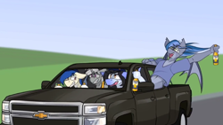 Size: 1910x1080 | Tagged: artist needed, source needed, safe, oc, oc only, bat pony, anthro, alcohol, beer, chevrolet, chevrolet silverado, corona beer, group, male, quartet