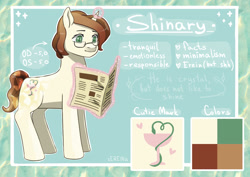 Size: 1529x1080 | Tagged: safe, artist:erein, oc, oc only, oc:shinary, crystal pony, pony, unicorn, crystal pony oc, cute, cutie mark, ears, glasses, male, newspaper, reference, simple background, solo, stallion, text