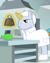 Size: 822x1033 | Tagged: safe, screencap, platinum cure, pony, g4, the last laugh, clothes, factory, gag factory, lab coat, magic, male, stallion, weight, whoopee cushion