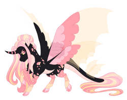 Size: 4700x3700 | Tagged: safe, artist:gigason, oc, oc only, oc:tourmaline, alicorn, original species, pony, seraph, seraphicorn, cloven hooves, coat markings, colored hooves, colored sclera, colored wings, curved horn, dappled, female, gradient mane, gradient tail, hair bun, hoof polish, horn, hybrid wings, leonine tail, magical lesbian spawn, mare, multicolored wings, multiple wings, obtrusive watermark, offspring, pale belly, parent:oc:lava agate, parent:oc:precious pearl, parents:oc x oc, pink eyes, raised hoof, simple background, slit pupils, socks (coat markings), solo, striped horn, tail, transparent background, transparent wings, watermark, wings, yellow sclera