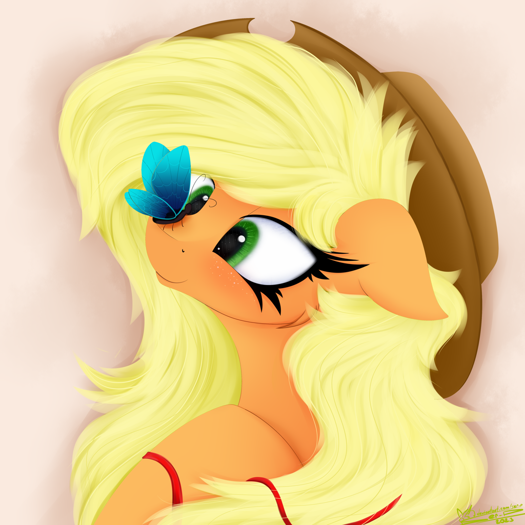 [applejack,bust,butterfly,cute,earth pony,female,mare,pony,portrait,safe,simple background,solo,insect on nose,jackabetes,butterfly on nose,artist:ser-p]