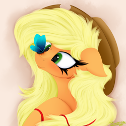 Size: 4000x4000 | Tagged: safe, artist:ser-p, applejack, butterfly, earth pony, pony, g4, absurd resolution, bust, butterfly on nose, cute, female, insect on nose, jackabetes, mare, portrait, simple background, solo