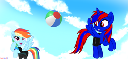 Size: 5143x2375 | Tagged: safe, artist:stephen-fisher, rainbow dash, oc, oc:stephen (stephen-fisher), alicorn, pegasus, pony, g4, ball, beach ball, clothes, female, male, shipping, sky, stepdash, straight, suit, swimsuit