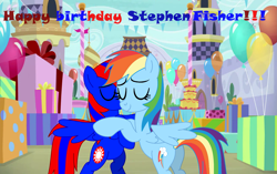 Size: 2167x1361 | Tagged: safe, artist:shieldwingarmorofgod, rainbow dash, oc, oc only, oc:stephen (stephen-fisher), alicorn, pegasus, pony, g4, balloon, birthday, birthday party, female, happy birthday, hug, male, party, present, stepdash