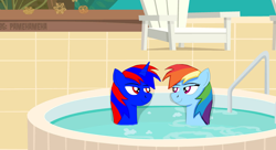 Size: 7918x4319 | Tagged: safe, artist:abarekiller2002, rainbow dash, oc, oc:stephen (stephen-fisher), alicorn, pegasus, pony, g4, birthday, female, jacuzzi, male, stepdash, straight