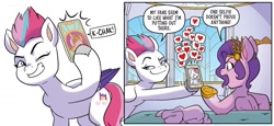 Size: 1334x614 | Tagged: safe, artist:amy mebberson, idw, official comic, pipp petals, zipp storm, pegasus, pony, g5, spoiler:comic, spoiler:g5comic, spoiler:g5comic17, cellphone, dialogue, duo, emanata, female, grin, heart, hoof hold, mare, one eye closed, onomatopoeia, phone, royal sisters (g5), selfie, shit eating grin, siblings, sisters, smartphone, smiling, smug, smugzipp, speech bubble, swapped cutie marks, unshorn fetlocks, wink
