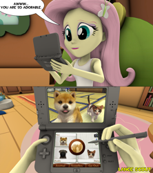 Size: 1920x2160 | Tagged: safe, artist:lancescout, fluttershy, cat, dog, human, equestria girls, g4, 3d, 3ds, clothes, cottage, cute, female, fluttershy's cottage, hair, hairpin, nintendo, nintendogs, nintendogs + cats, playing video games, source filmmaker, stylus, tank top, teenager