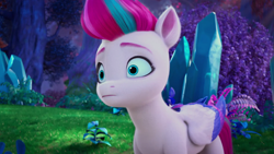 Size: 2495x1404 | Tagged: safe, screencap, zipp storm, pegasus, pony, father of the bridlewood, g5, my little pony: make your mark, my little pony: make your mark chapter 5, spoiler:g5, spoiler:my little pony: make your mark, spoiler:my little pony: make your mark chapter 5, spoiler:mymc05e04, bridlewood, crystal, derp, faic, female, forest, mare, outdoors, solo