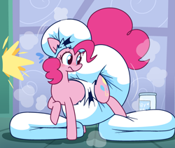 Size: 2087x1765 | Tagged: safe, artist:shslsadcat, pinkie pie, earth pony, pony, baby cakes, g4, air pushed out of diaper, baby powder, blushing, diaper, diaper fetish, diaper on head, emanata, female, fetish, foal powder, impossibly large diaper, non-baby in diaper, poofy diaper, scene interpretation, white diaper