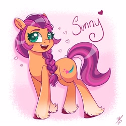 Size: 3000x3000 | Tagged: safe, artist:galaxy swirl, sunny starscout, earth pony, pony, g5, colored eyebrows, eyebrows, female, full body, heart, high res, mare, name, open mouth, open smile, signature, smiling, solo, standing, unshorn fetlocks