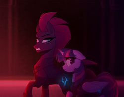 Size: 1022x800 | Tagged: safe, alternate version, artist:thewandie, tempest shadow, twilight sparkle, alicorn, pony, unicorn, g4, armor, bad end, bodysuit, broken horn, clothes, commission, crying, duo, eye scar, facial scar, female, gritted teeth, height difference, hoof shoes, horn, mare, raised hoof, sad, scar, size difference, teeth, twilight sparkle (alicorn), ych result
