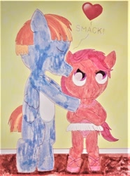 Size: 814x1093 | Tagged: safe, artist:mr-pink-rose, scootaloo, windy whistles, pegasus, pony, g4, adopted, adopted offspring, ballerina, female, filly, foal, forehead kiss, heart, kissing, mare, mother and child, mother and daughter, parent:windy whistles, pouting, scootadoption, scootarina, story included, traditional art