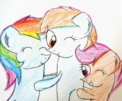 Size: 1024x844 | Tagged: safe, artist:sumi-mlp25, rainbow dash, scootaloo, windy whistles, pegasus, pony, g4, ^^, adopted, adopted offspring, cute, daaaaaaaaaaaw, eyes closed, female, filly, foal, group hug, heartwarming, hug, mare, mother and child, mother and daughter, mother's day, one eye closed, parent:windy whistles, scootadoption, siblings, sisters, smiling, traditional art, trio, wholesome, wink