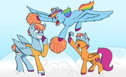 Size: 1280x783 | Tagged: safe, artist:goodieprocter, rainbow dash, scootaloo, windy whistles, pegasus, pony, g4, adopted, adopted offspring, cheering, cloud, crying, cute, daaaaaaaaaaaw, female, filly, flying, foal, grin, heartwarming, mare, mother and child, mother and daughter, mother's day, parent:windy whistles, pom pom, scootadoption, siblings, sisters, smiling, spread wings, tears of joy, trio, wholesome, wings