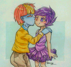Size: 971x924 | Tagged: safe, artist:annazora, scootaloo, windy whistles, human, equestria girls, g4, adopted, adopted offspring, ballerina, blushing, cheek kiss, clothes, cute, daaaaaaaaaaaw, duo, female, hand on shoulder, kissing, mother and child, mother and daughter, one eye closed, parent:windy whistles, scootadoption, scootalove, scootarina, smiling, wholesome