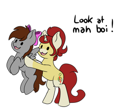 Size: 3146x2785 | Tagged: safe, artist:noxi1_48, oc, oc:cubi, oc:treble pen, pegasus, pony, unicorn, daily dose of friends, bipedal, bow, dog lip, duo, hair bow, high res, holding a pony, open mouth, open smile, simple background, smiling, transparent background