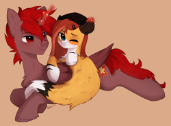 Size: 2632x1944 | Tagged: safe, artist:anku, oc, oc only, oc:hardy, oc:katoma, alicorn, pegasus, pony, blushing, chest fluff, duo, ear fluff, female, fluffy tail, folded wings, hug, looking at someone, lying down, magic, male, mare, one eye closed, signature, simple background, stallion, straight, stroking, tail, telekinesis, wings