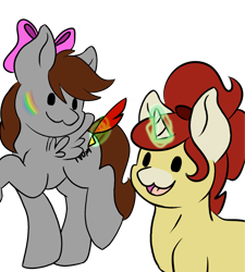 Size: 1680x1866 | Tagged: safe, artist:noxi1_48, oc, oc:cubi, oc:treble pen, pegasus, pony, unicorn, daily dose of friends, bow, duo, hair bow, open mouth, open smile, quill, simple background, smiling, transparent background