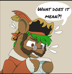 Size: 1057x1077 | Tagged: safe, artist:jjsh, oc, oc:peatmoss, pegasus, pony, glasses, hat, male, paper, pirate, reaction image, solo, stallion, sweat, sweatdrop, sweating profusely