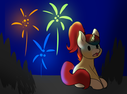 Size: 3584x2648 | Tagged: safe, artist:noxi1_48, oc, oc:treble pen, pony, unicorn, daily dose of friends, fireworks, high res, night, sitting, solo