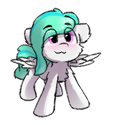 Size: 395x435 | Tagged: safe, artist:solarhors, derpibooru exclusive, oc, oc only, oc:northern breeze, pegasus, pony, :3, blushing, chest fluff, eye clipping through hair, eyebrows, eyebrows visible through hair, female, filly, fluffy, foal, simple background, solo, transparent background, wings