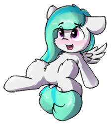 Size: 563x622 | Tagged: safe, artist:solarhors, derpibooru exclusive, oc, oc only, pegasus, pony, blushing, chest fluff, dock, eye clipping through hair, eyebrows, eyebrows visible through hair, featureless crotch, female, filly, fluffy, foal, simple background, solo, tail, transparent background, wings