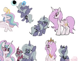 Size: 1024x810 | Tagged: safe, artist:petaltwinkle, opaline arcana, princess celestia, princess luna, alicorn, pony, g5, my little pony: make your mark, my little pony: make your mark chapter 4, sunny side up, spoiler:g5, spoiler:my little pony: make your mark, spoiler:my little pony: make your mark chapter 4, spoiler:mymc04e04, female, filly, filly opaline arcana, glowing, glowing horn, hair over one eye, horn, moon, pink-mane celestia, royal sisters, s1 luna, siblings, simple background, sisters, sun, white background, woona, younger