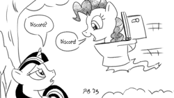 Size: 1200x675 | Tagged: safe, artist:pony-berserker, pinkie pie, twilight sparkle, alicorn, pony, toilet pony, pony-berserker's twitter sketches, pony-berserker's twitter sketches (2023), g4, black and white, but why, cringe comedy, duo, flying, grayscale, implied discord, monochrome, shitposting, simple background, skibidi toilet, speech bubble, toilet, transformed, tree, twilight sparkle (alicorn), white background