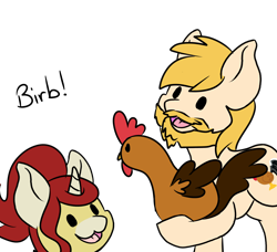 Size: 1718x1566 | Tagged: safe, artist:noxi1_48, oc, oc:chase, oc:treble pen, bird, chicken, earth pony, pony, unicorn, daily dose of friends, beard, birb, dog lip, duo, facial hair, female, male, mare, open mouth, open smile, simple background, smiling, stallion, transparent background