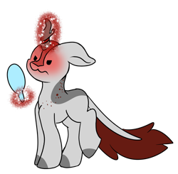 Size: 2092x2054 | Tagged: safe, artist:noxi1_48, oc, oc only, oc:holy sword, kirin, daily dose of friends, floppy ears, hand mirror, high res, magic, shaved, shaved head, shaved mane, simple background, solo, telekinesis, transparent background, unamused