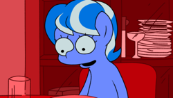 Size: 1456x824 | Tagged: safe, artist:yamston, oc, oc only, oc:little fawn, earth pony, pony, fanfic:living the dream, 2023, blue coat, cabinet, chair, fanfic art, lisa simpson, meme, open mouth, plate, ponified meme, reference, solo, story included, the simpsons, two toned mane