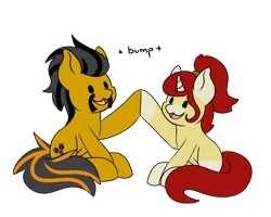 Size: 3368x2696 | Tagged: safe, artist:noxi1_48, oc, oc:dusty katt, oc:treble pen, earth pony, pony, unicorn, daily dose of friends, duo, high res, hoofbump, open mouth, open smile, simple background, sitting, smiling, transparent background