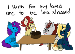 Size: 4529x3278 | Tagged: safe, artist:noxi1_48, oc, oc:alpha omega, oc:creatio, oc:holy sword, oc:treble pen, alicorn, kirin, pony, unicorn, daily dose of friends, alicorn oc, cake, candle, food, horn, open mouth, open smile, simple background, sitting, smiling, transparent background, wings