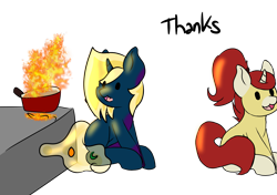 Size: 3693x2605 | Tagged: safe, artist:noxi1_48, oc, oc:alpha omega, oc:treble pen, alicorn, pony, unicorn, daily dose of friends, alicorn oc, duo, fire, high res, horn, open mouth, open smile, pot, simple background, sitting, smiling, stove, this will not end well, transparent background, wings