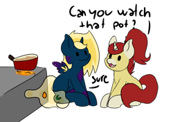 Size: 3693x2605 | Tagged: safe, artist:noxi1_48, oc, oc:alpha omega, oc:treble pen, alicorn, pony, unicorn, daily dose of friends, alicorn oc, duo, high res, horn, open mouth, open smile, pot, simple background, sitting, smiling, stove, transparent background, wings