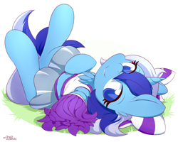 Size: 4500x3600 | Tagged: safe, artist:dshou, minuette, pony, unicorn, g4, absurd resolution, belly button, cheerleader, chest fluff, clothes, commission, cute, ear fluff, female, grass, horn, legs in air, looking at you, lying down, mare, midriff, minubetes, on back, pom pom, simple background, smiling, smiling at you, solo, white background