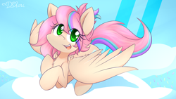 Size: 1920x1080 | Tagged: safe, artist:dshou, oc, oc only, oc:sweet skies, pegasus, pony, commission, eye clipping through hair, female, flying, mare, open mouth, pegasus oc, smiling, solo